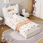 LED Bed Frame with Storage Headboard, Upholstered Platform Bed with Charging Station & Drawer, No Box Spring Needed
