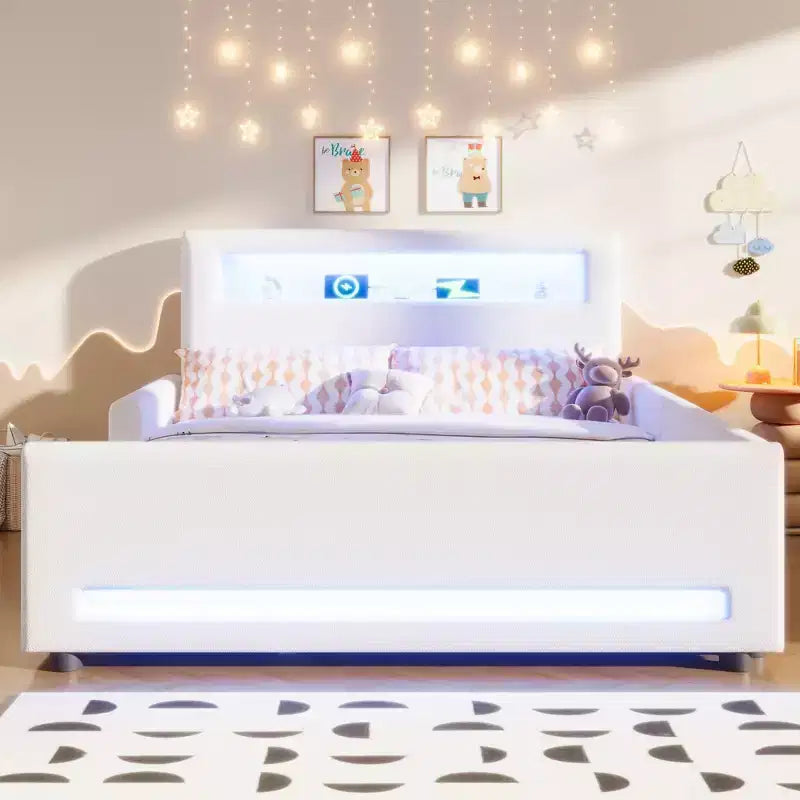 GDFStudio Torres Upholstered Platform Bed with Drawer, LED Light Strip, USB Port