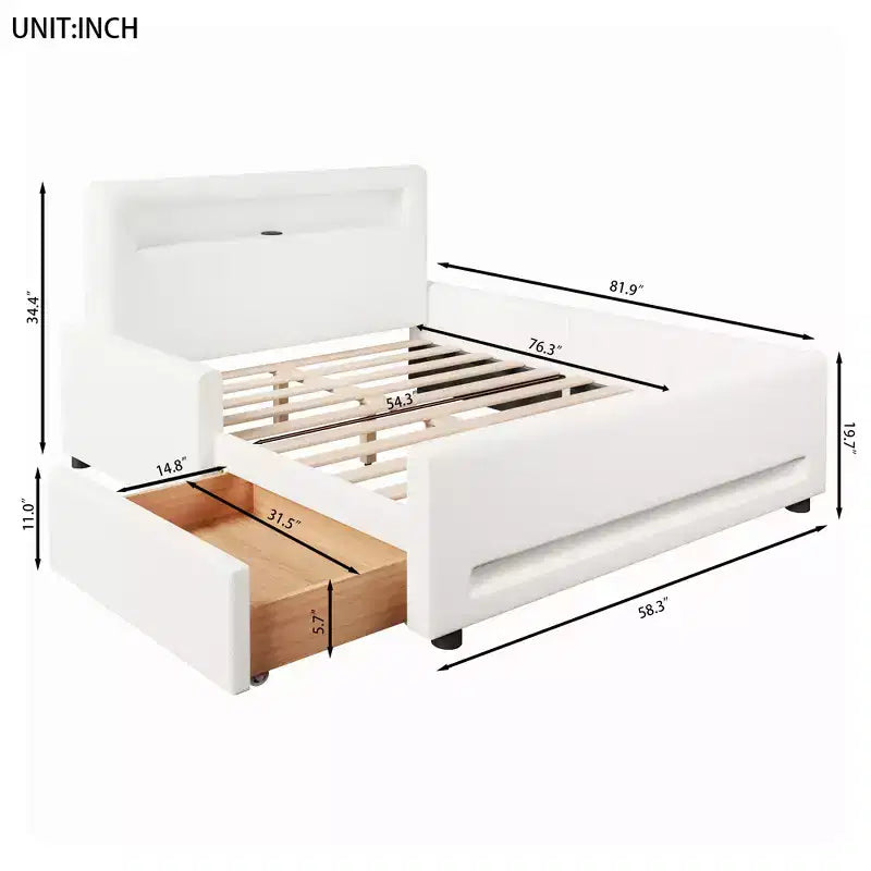 GDFStudio Torres Upholstered Platform Bed with Drawer, LED Light Strip, USB Port