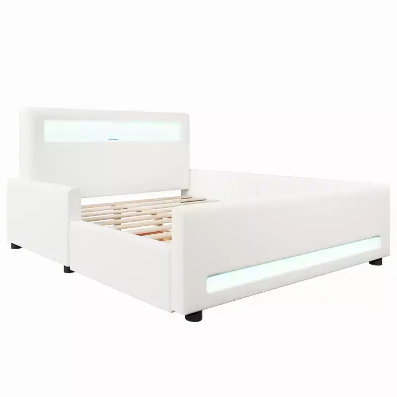 GDFStudio Torres Upholstered Platform Bed with Drawer, LED Light Strip, USB Port