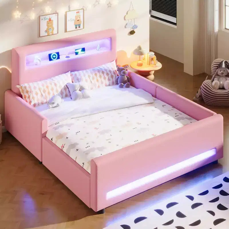 GDFStudio Torres Upholstered Platform Bed with Drawer, LED Light Strip, USB Port