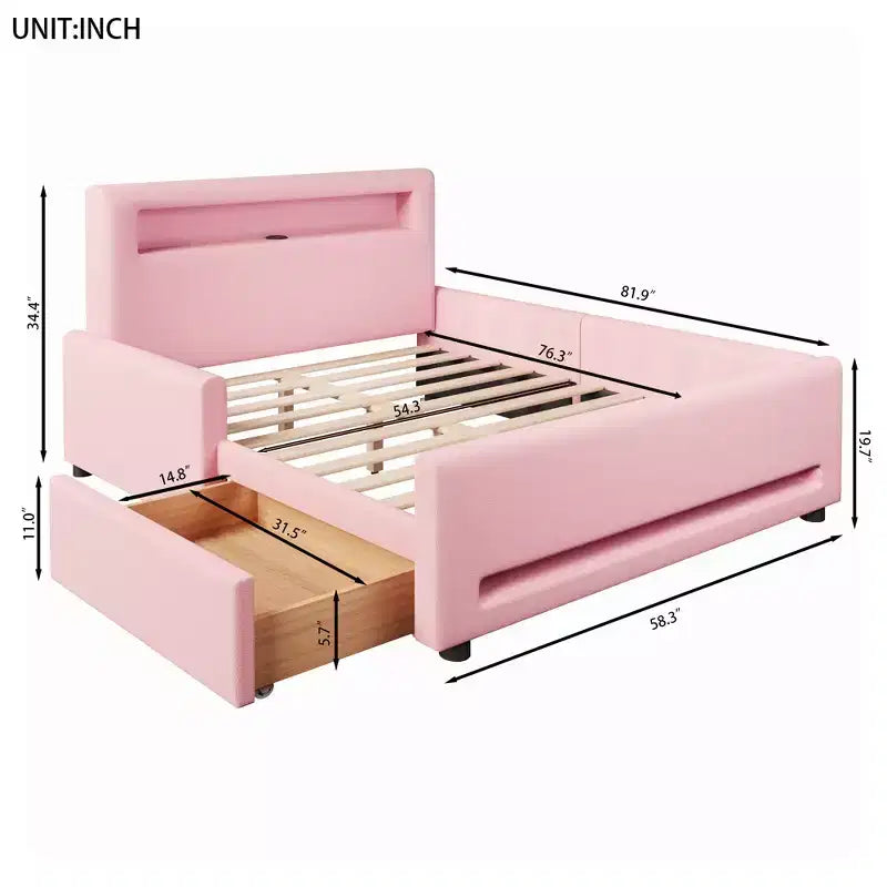 GDFStudio Torres Upholstered Platform Bed with Drawer, LED Light Strip, USB Port