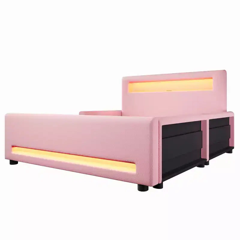 GDFStudio Torres Upholstered Platform Bed with Drawer, LED Light Strip, USB Port