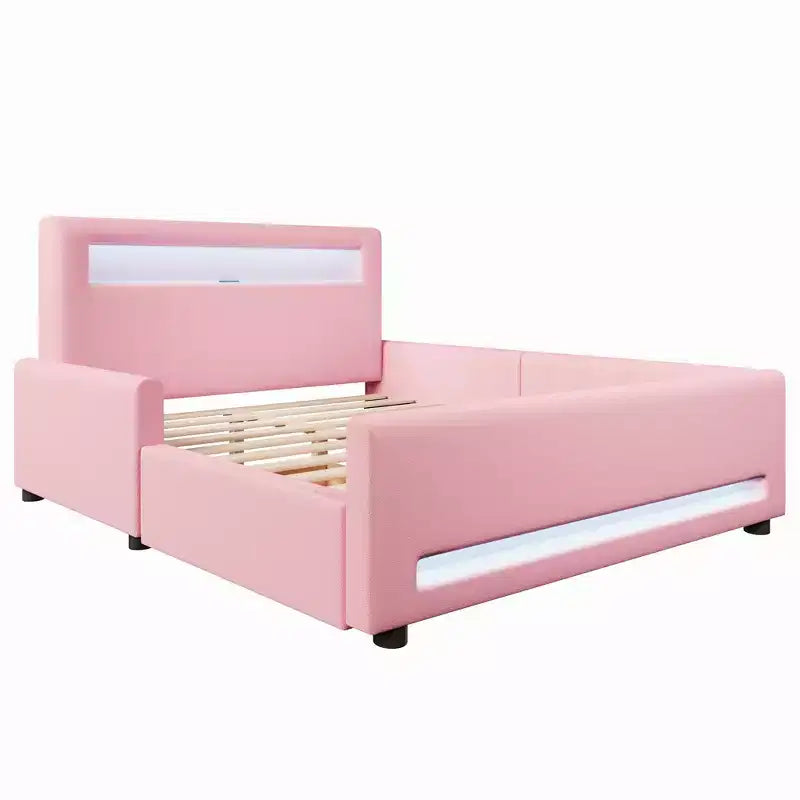 GDFStudio Torres Upholstered Platform Bed with Drawer, LED Light Strip, USB Port