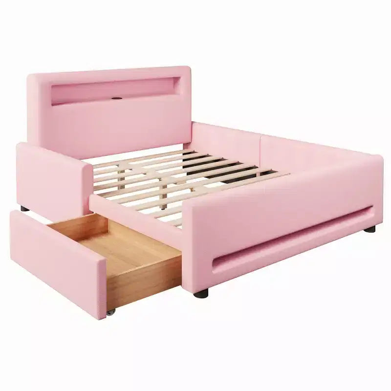 GDFStudio Torres Upholstered Platform Bed with Drawer, LED Light Strip, USB Port