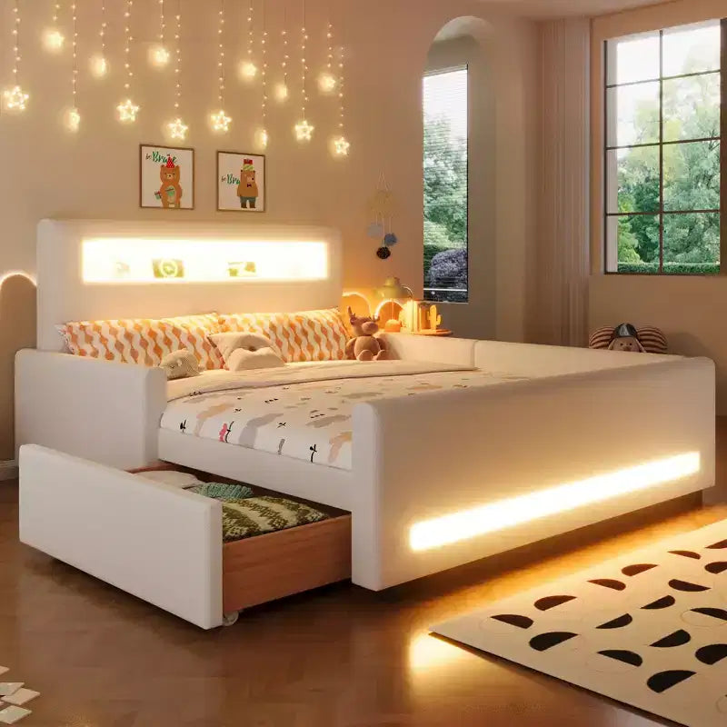 GDFStudio Torres Upholstered Platform Bed with Drawer, LED Light Strip, USB Port