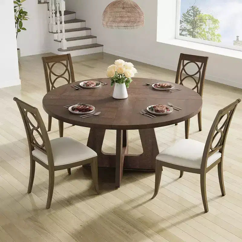 47 in Round Large Dining Table Set for 4 to 6, Farmhouse Dinner Table with Wooden Top and Legs for Home Dining Room or Living Room