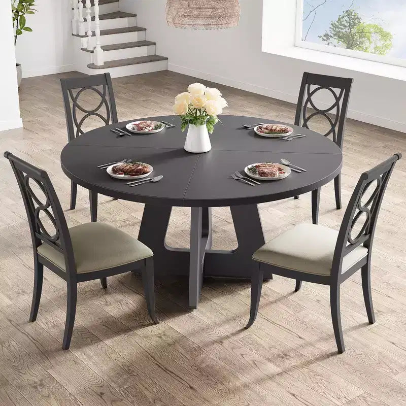 47 in Round Large Dining Table Set for 4 to 6, Farmhouse Dinner Table with Wooden Top and Legs for Home Dining Room or Living Room