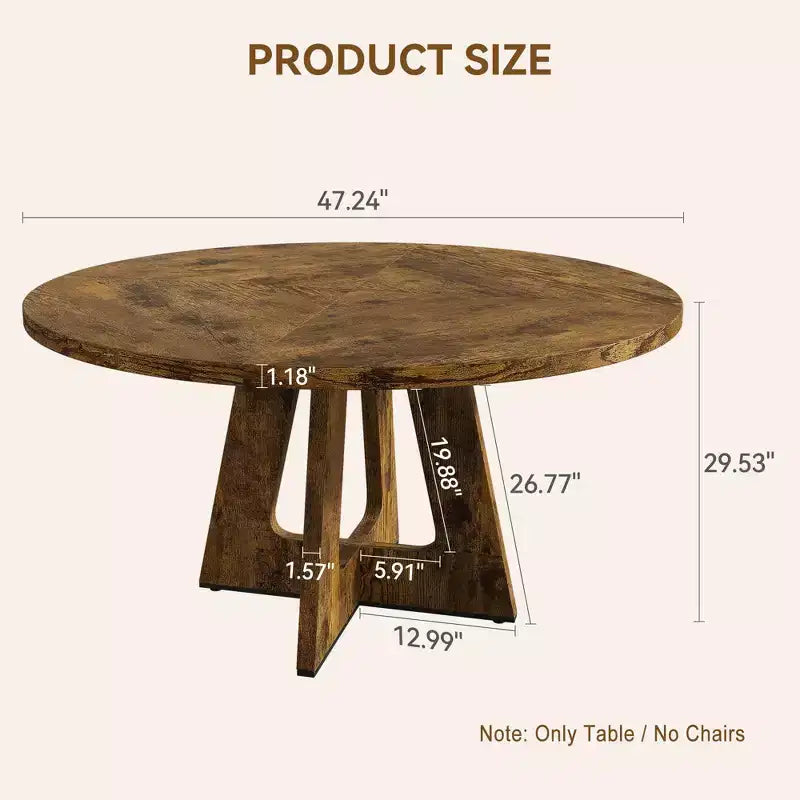 47 in Round Large Dining Table Set for 4 to 6, Farmhouse Dinner Table with Wooden Top and Legs for Home Dining Room or Living Room