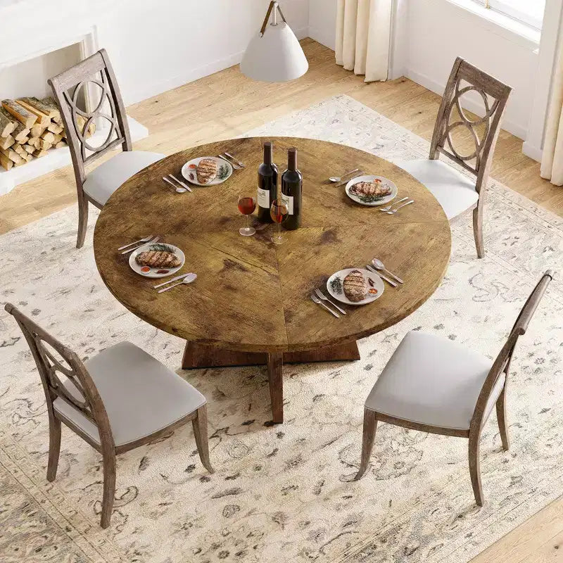 47 in Round Large Dining Table Set for 4 to 6, Farmhouse Dinner Table with Wooden Top and Legs for Home Dining Room or Living Room
