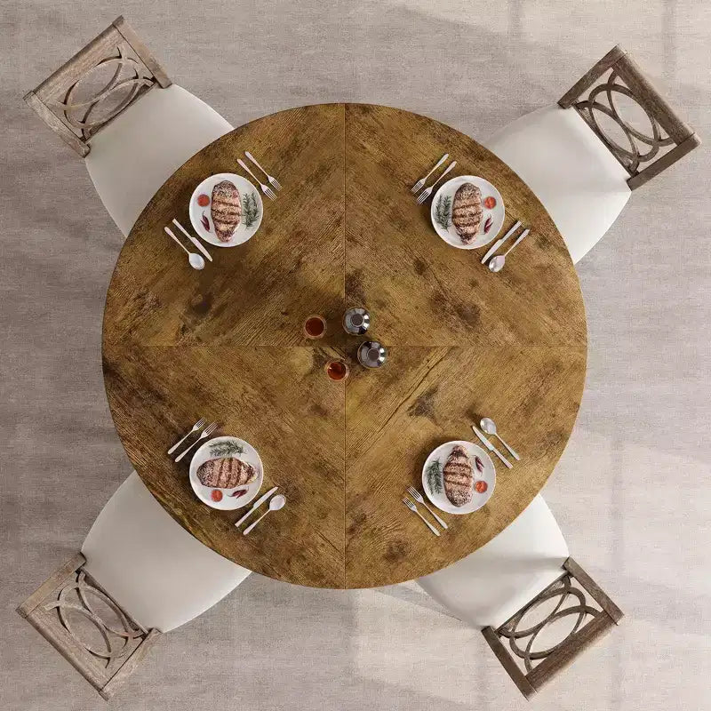 47 in Round Large Dining Table Set for 4 to 6, Farmhouse Dinner Table with Wooden Top and Legs for Home Dining Room or Living Room