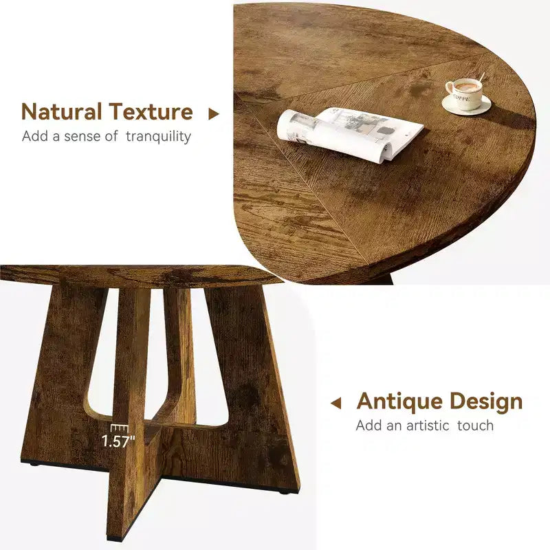 47 in Round Large Dining Table Set for 4 to 6, Farmhouse Dinner Table with Wooden Top and Legs for Home Dining Room or Living Room