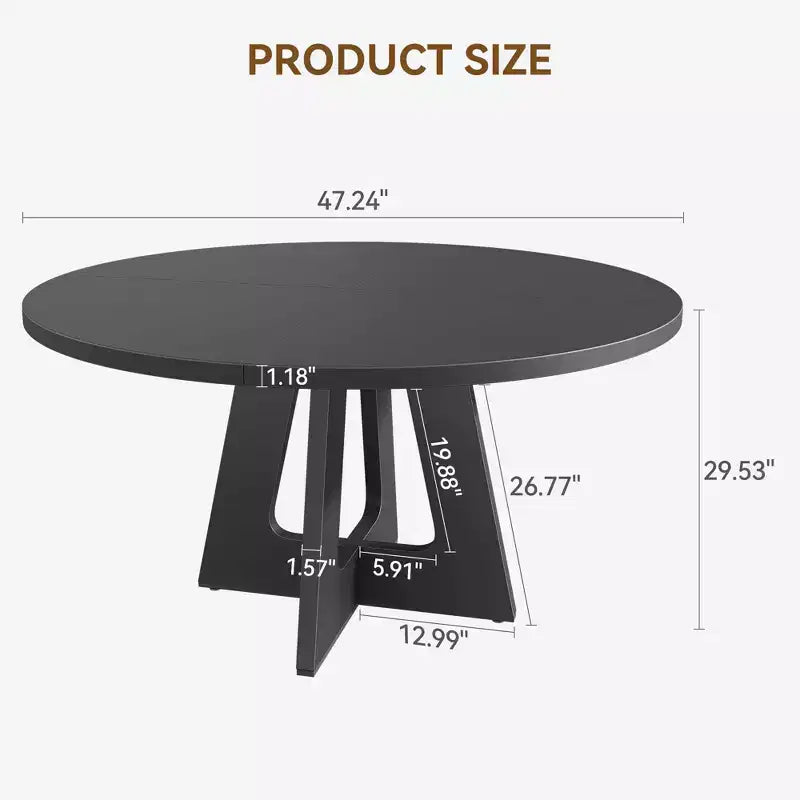 47 in Round Large Dining Table Set for 4 to 6, Farmhouse Dinner Table with Wooden Top and Legs for Home Dining Room or Living Room