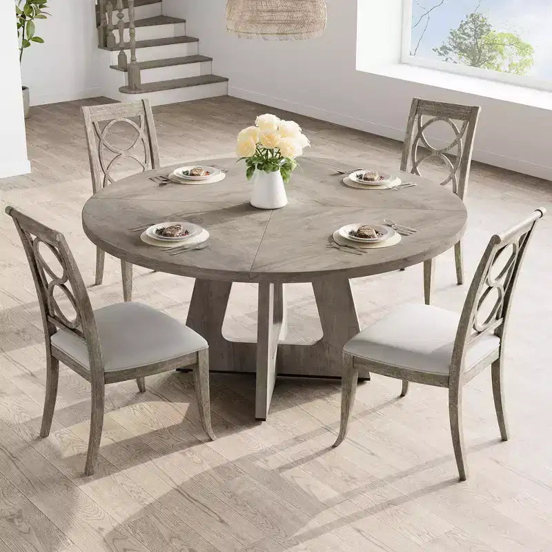 47 in Round Large Dining Table Set for 4 to 6, Farmhouse Dinner Table with Wooden Top and Legs for Home Dining Room or Living Room