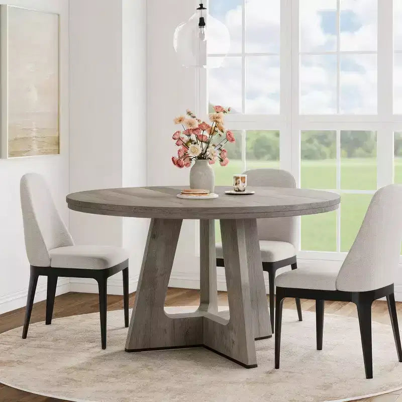 47 in Round Large Dining Table Set for 4 to 6, Farmhouse Dinner Table with Wooden Top and Legs for Home Dining Room or Living Room