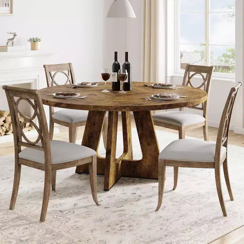 47 in Round Large Dining Table Set for 4 to 6, Farmhouse Dinner Table with Wooden Top and Legs for Home Dining Room or Living Room