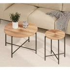 Radial Pattern 2-Piece Coffee and End Table Set - Waterproof MDF with PVC Cover, Distressed Cylindrical Design, Red Cedar-Brown