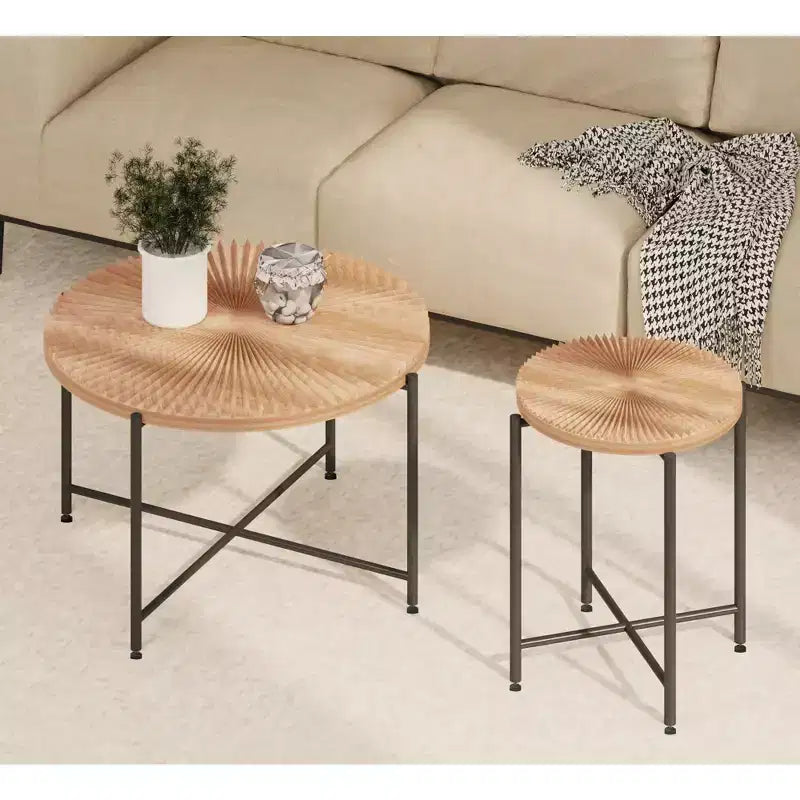 Radial Pattern 2-Piece Coffee and End Table Set - Waterproof MDF with PVC Cover, Distressed Cylindrical Design, Red Cedar-Brown