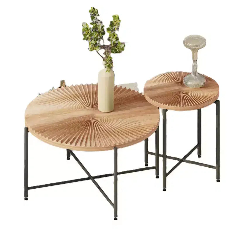 Radial Pattern 2-Piece Coffee and End Table Set - Waterproof MDF with PVC Cover, Distressed Cylindrical Design, Red Cedar-Brown