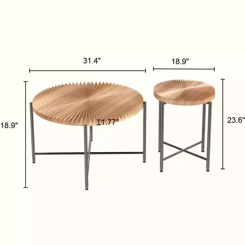 Radial Pattern 2-Piece Coffee and End Table Set - Waterproof MDF with PVC Cover, Distressed Cylindrical Design, Red Cedar-Brown