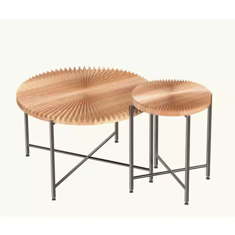 Radial Pattern 2-Piece Coffee and End Table Set - Waterproof MDF with PVC Cover, Distressed Cylindrical Design, Red Cedar-Brown