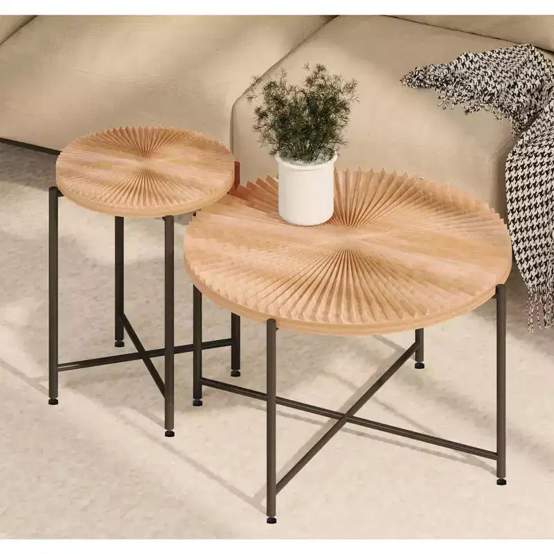 Radial Pattern 2-Piece Coffee and End Table Set - Waterproof MDF with PVC Cover, Distressed Cylindrical Design, Red Cedar-Brown