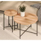 Radial Pattern 2-Piece Coffee and End Table Set - Waterproof MDF with PVC Cover, Distressed Cylindrical Design, Red Cedar-Brown