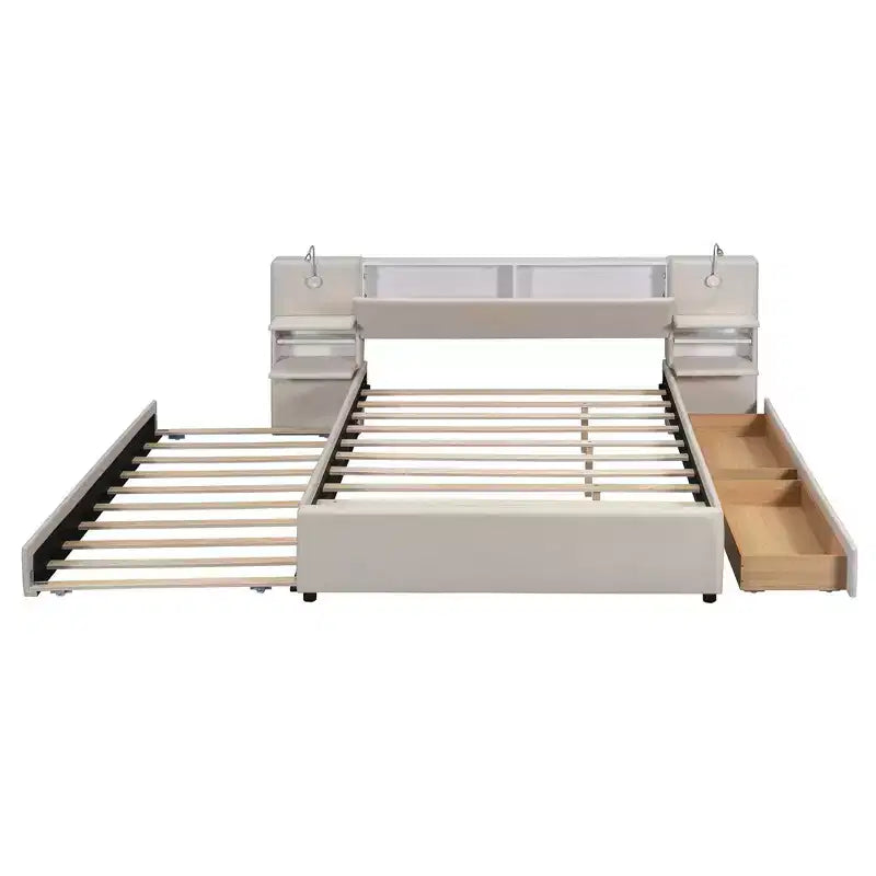 MAYEERTY Upholstered Platform Bed with Reading Lights, Storage Headboard & Trundle with Underbed Drawers