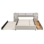 MAYEERTY Upholstered Platform Bed with Reading Lights, Storage Headboard & Trundle with Underbed Drawers