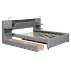 MAYEERTY Upholstered Platform Bed with Reading Lights, Storage Headboard & Trundle with Underbed Drawers