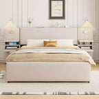 MAYEERTY Upholstered Platform Bed with Reading Lights, Storage Headboard & Trundle with Underbed Drawers