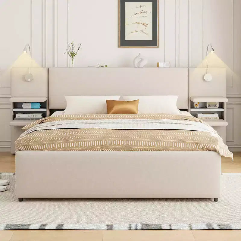 MAYEERTY Upholstered Platform Bed with Reading Lights, Storage Headboard & Trundle with Underbed Drawers