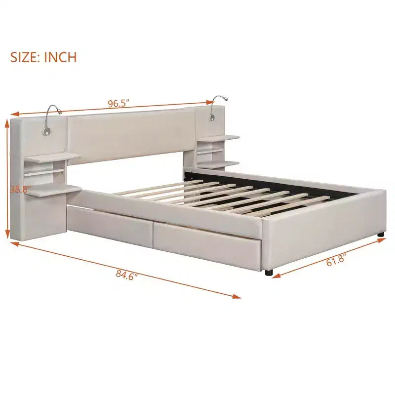 MAYEERTY Upholstered Platform Bed with Reading Lights, Storage Headboard & Trundle with Underbed Drawers