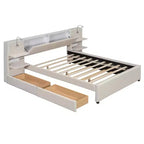 MAYEERTY Upholstered Platform Bed with Reading Lights, Storage Headboard & Trundle with Underbed Drawers