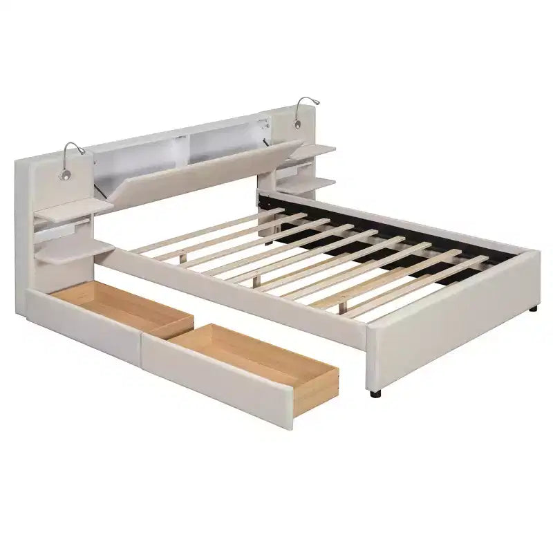 MAYEERTY Upholstered Platform Bed with Reading Lights, Storage Headboard & Trundle with Underbed Drawers