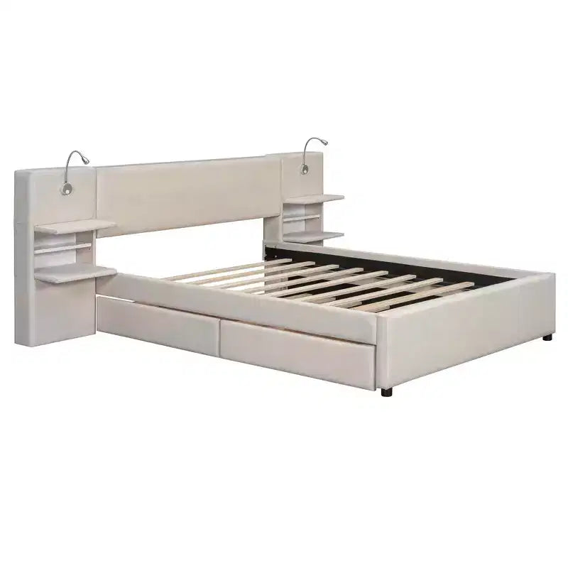 MAYEERTY Upholstered Platform Bed with Reading Lights, Storage Headboard & Trundle with Underbed Drawers