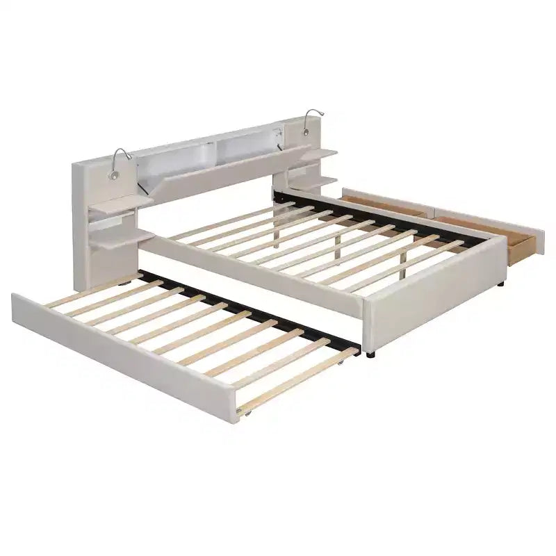 MAYEERTY Upholstered Platform Bed with Reading Lights, Storage Headboard & Trundle with Underbed Drawers