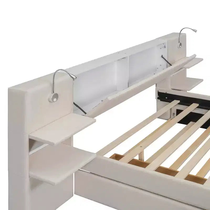 MAYEERTY Upholstered Platform Bed with Reading Lights, Storage Headboard & Trundle with Underbed Drawers