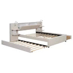 MAYEERTY Upholstered Platform Bed with Reading Lights, Storage Headboard & Trundle with Underbed Drawers